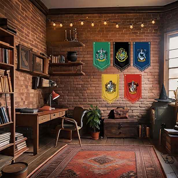 TEMU 5 ks Oficiálně licencované vlajky s Harryho Pottera, sada 11,8 x 19,7 palců, vlajky na zeď s Hogwartsu, Gryffindor, Slytherin, Ravenclaw a