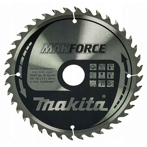 Řezací kotouč na dřevo, 190/30 mm, 40 zubů, Makforce, Makita [B-32340]