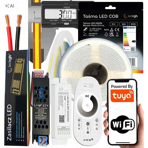 Set Led pásek Neon Cob 24V 5 m 6000K Bílý Wifi Ultra Tenký 3MM Dálkový Ovladač Rf