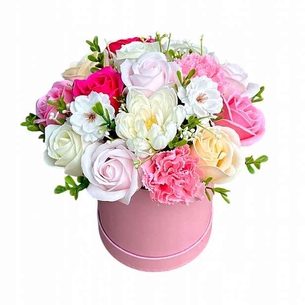 Flowerbox s mýdlovými květy Dárek Upomínka Květinový box Mýdlové růže