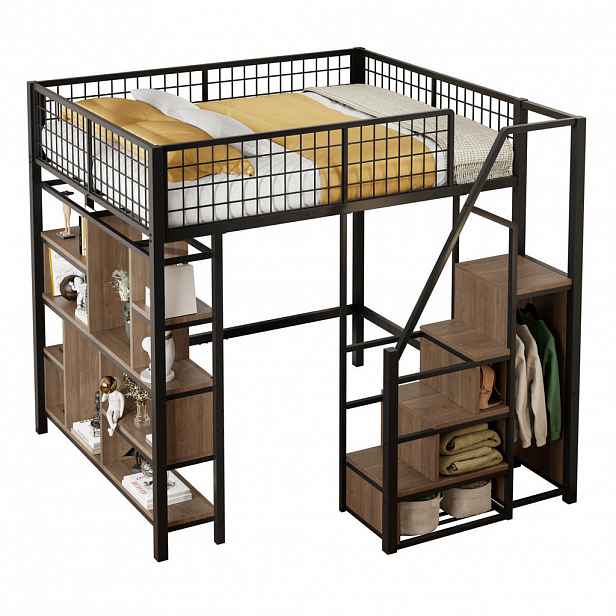 Redom VYSOKÁ postel 140/200 cm s úložným schodištěm, vestavěným úložným prostorem a moderním minimalistickým designem, Černá