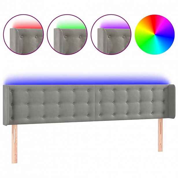 vidaXL Čelo postele s LED světle šedé 203 x 16 x 78/88 cm samet