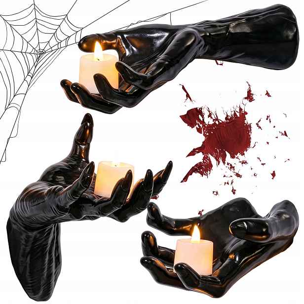 Halloweenský Svícen Na Ruce 3KS Černý Se 3 Svíčkami Na Zeď A Dveře