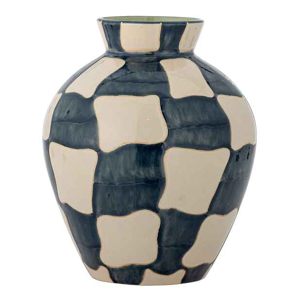 Modrá/krémová skleněná ručně malovaná váza (výška 24 cm) Check – Bloomingville