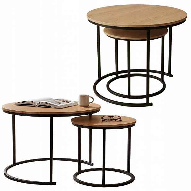 Sada 2 Kulatých Zasouvacích Konferenčních Stolků 60/40X50/40 Mdf, Černá, Hnědá