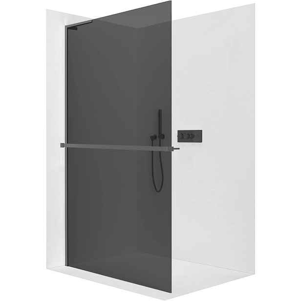 Sprchová zástěna Walk-in Onyx L-levá vzpěra - 8 mm + polička/držák na ručníky - černá matná, grafitové sklo - 70x200 cm