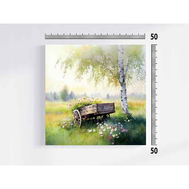 Obraz Na Plátně Canvas Krajina Dřevo Bříza Dřevěný Vůz Květiny 50x50