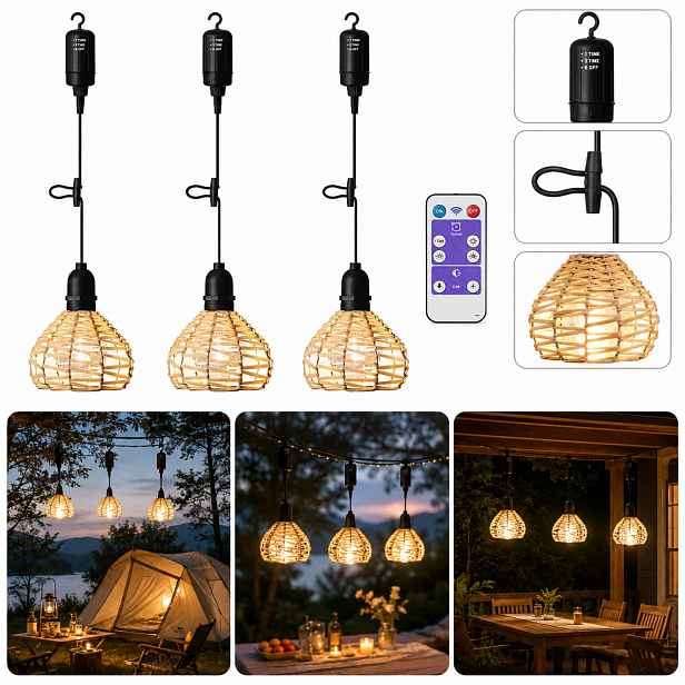 Venkovní závěsné lampy 3X Ratanové na baterie, stmívatelné s dálkovým ovládáním, IP65
