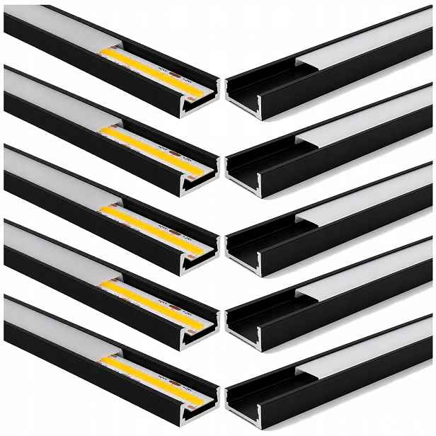 Černý Aluminiový Profil pro Led pásky 2 m Mléčná clona Sada 10 Kusů