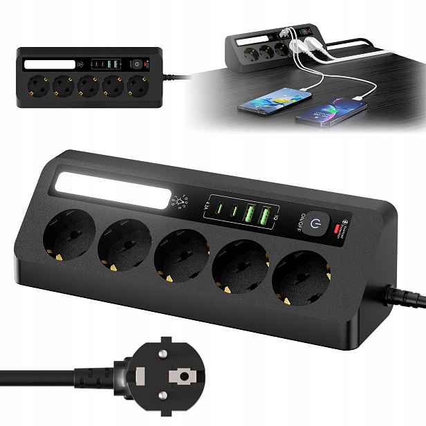 Prodlužovací Kabel Zásuvková Lišta 1.8 m 5 Zásuvek Uzemnění 4XUSB Vypínač