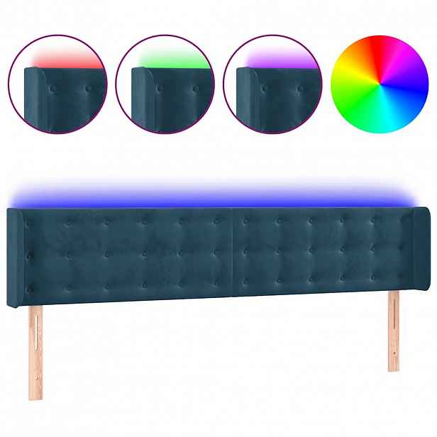 vidaXL Čelo postele s LED tmavě modré 203 x 16 x 78/88 cm samet