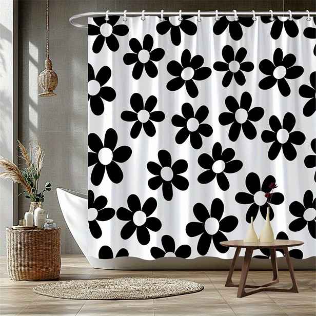 TEMU 1ks Černá moderní sprchová závěs s květinovým vzorem a 12 háčky - Design květiny s pěti okvětními lístky ve stylu středního století a