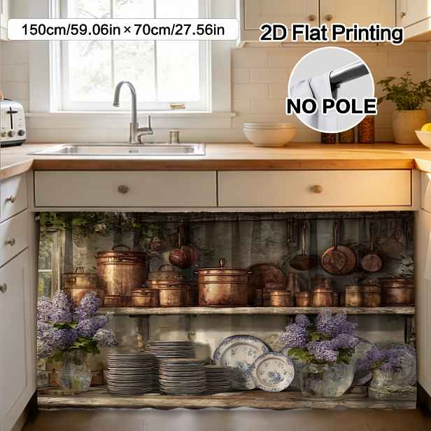 TEMU 2D Plochá, (2D Plochá) 1ks Rustikální Závěs a Dekorace na Skříňku s Zátiší v Kuchyni - Polyester, Snadno se Čistí, na Tyč pro Snadnou Instalaci,