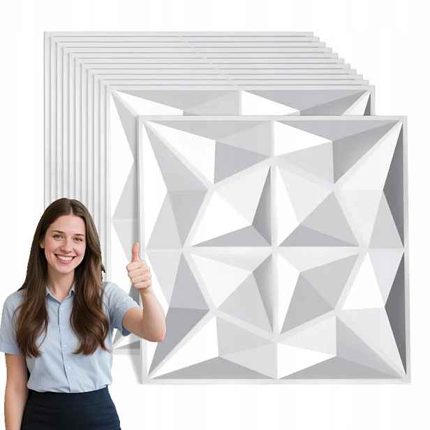 12x Nástěnné Panely Bílé Stropní Kazety 3D Diamant Bílá 50x50cm