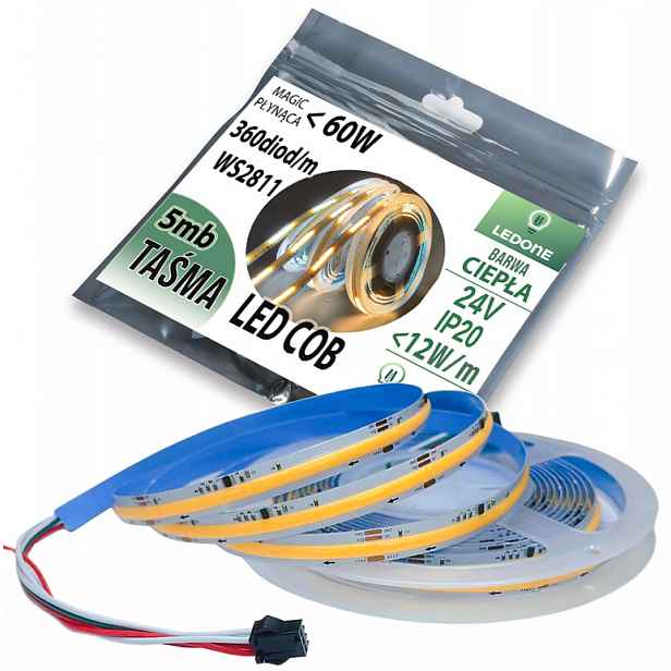 Led páska Cob IP20 24V 360d Magic Pixel Tekoucí WS2811 digitální 5 m Teplá