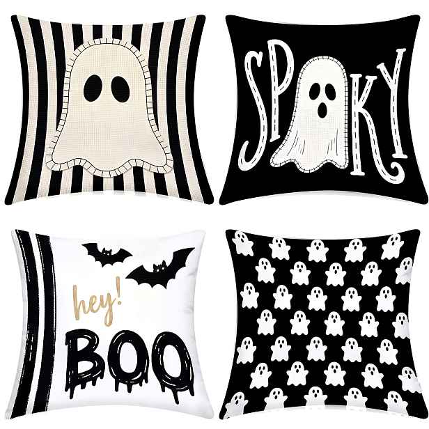 TEMU 4 ks Roztomilé obaly na polštáře s ducha, černé proužky, Halloweenská dekorace, oboustranné potištěné dekorativní povlaky na polštáře, perfektní