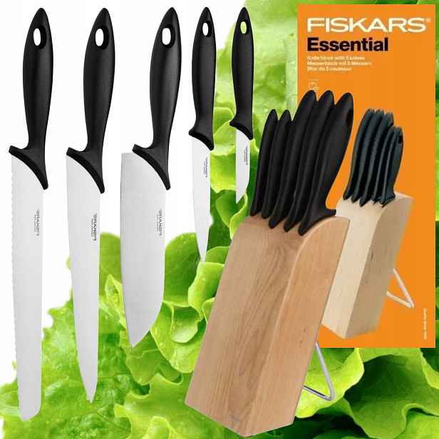 Sada 5 Kuchyňských Nožů Fiskars Essential Komplet V Dřevěném Bloku, Ostré