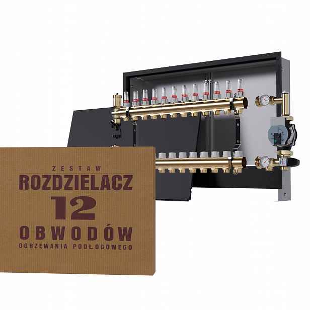 Rozdělovač pro podlahovku 12 okruhů se skupinou Wilo, podomítkový box, černý