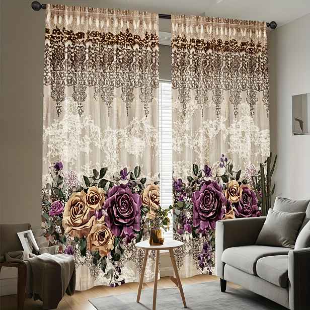 TEMU 2D Ploché, 2D Tisk 2 ks, Elegantní Závěsy s Květinovým a Krajkovým Vzorem - Světlopropustné Polyesterové Závěsy s Designem Fialových Růží a