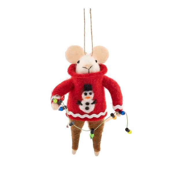 Textilní vánoční ozdoba 6 cm Mouse in Snowman Jumper with Fairy Lights – Sass & Belle