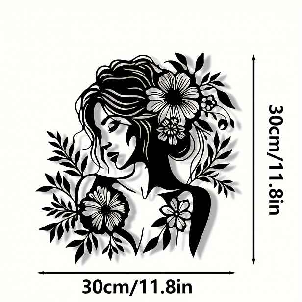 TEMU 1 ks Elegantní žena s květinovou korunou Kovová nástěnná dekorace - Černý silueta, rybích ocasů, Ideální pro domácí a ložnicové dekorace,