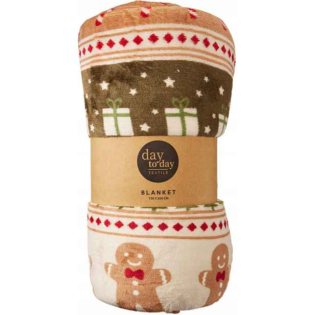Vánoční deka 150x200 cm, měkká, teplá, 100% polyester, vzor perníky na vánoční stromek