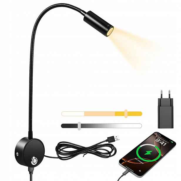 Nástěnné Svítidlo Nastavitelné Noční Lampa S Ohebným Rámem, Černé Nad Postelí Pro Čtení