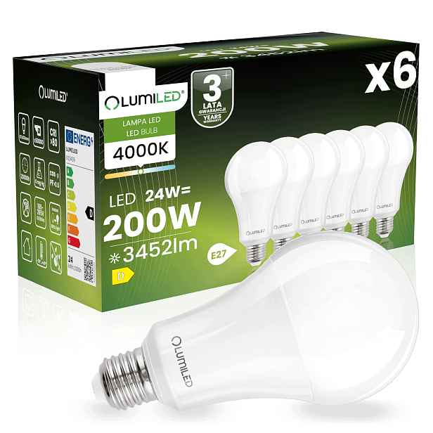 6x Led žárovka E27 A67 24W 200W 3452lm 4000K Neutrální 260° Lumiled
