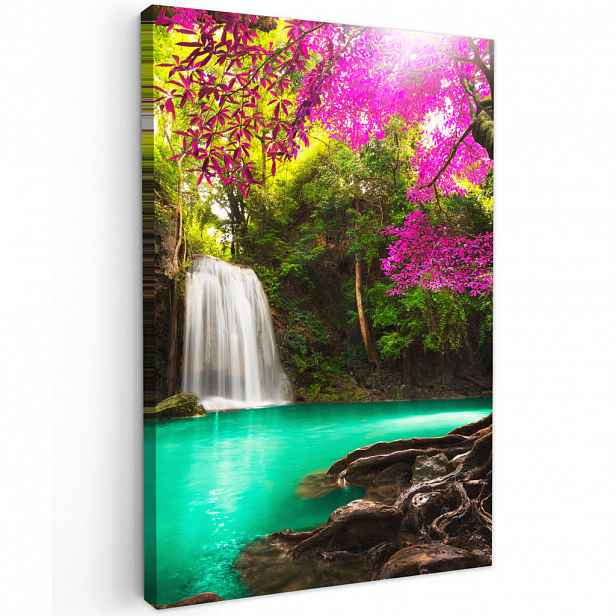 MuchoWow OBRAZ NA PLÁTNĚ Vodopád s barevnými květy a stromy - Příroda - Džungle 40x60 cm