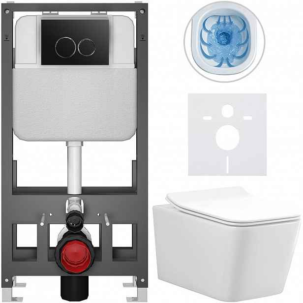 Kompletní WC set Basic/Forte - bílá lesklá - WC tlačítko Dualo/Černá - volně stojící - předstěnová instalace - 51x36 cm