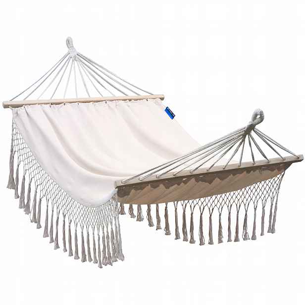 Potenza Zahradní houpací síť s boho třásněmi Santia 220 x 160 cm, velká, 2 osová tyč