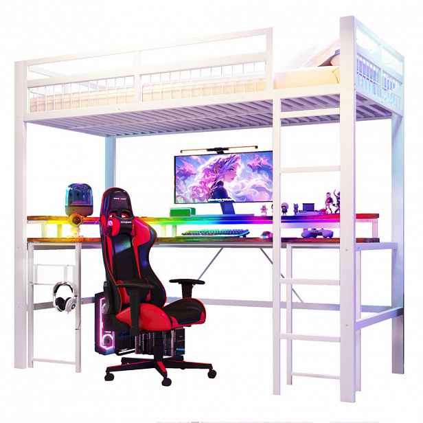 Redom VYSOKÁ postel 90/200 cm s barevně měnitelným LED osvětlením, pracovním stolem, USB-C a zásuvkami, Bílá