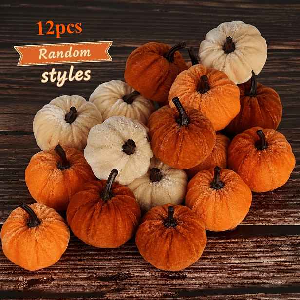 TEMU Sada 12 ks sametových umělých dýní náhodného stylu, dekorace do obývacího pokoje, dekorace na Halloween, Den díkůvzdání a sklizňovou sezónu,