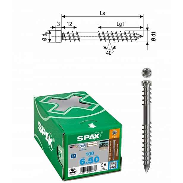 Spax Šrouby do dřeva Spax-D 6 x 50 A4 Tx 100 ks