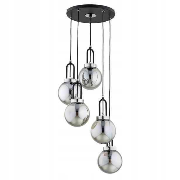 Dekorativní závěsná lampa kaskádová černá skleněná chrom koule 5 bodů Alfa