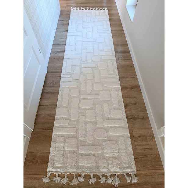 Běhoun do chodby 80x300 cm, měkký krémový plyšový vzor, boho, 3D efekt