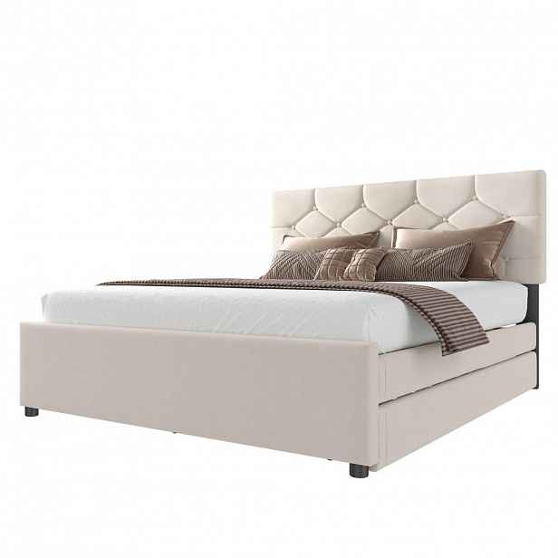 Redom ČALOUNĚNÁ postel 140/200 cm s lamelovým roštem a výsuvným lůžkem, knoflíkovým čelem, Béžová