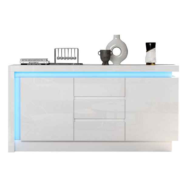 EVRYAE SIDEBOARD s LED, zásuvkami a skříňovými přihrádkami, Soft-Close MDF vysoký lesk Bílá