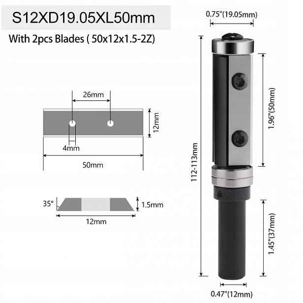 Přímá fréza na dřevo 2P stopka 12 mm fi 19,05 x 50 s ložiskem 2L