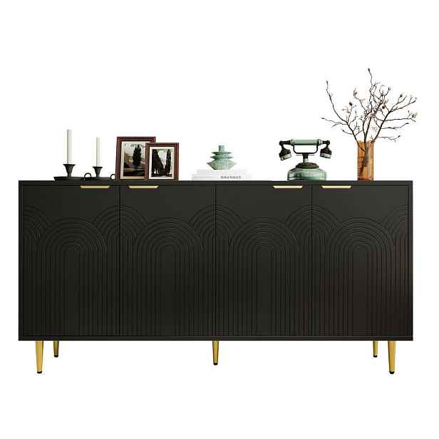 Redom SIDEBOARD 160/40/80 cm se 4 dveřmi, nastavitelnými policemi, soft-close panty a zlatými prvky, Černá