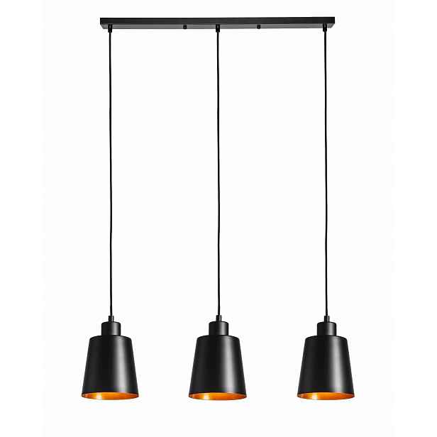 Závěsná lampa s trojitou lištou, černo zlatý kužel