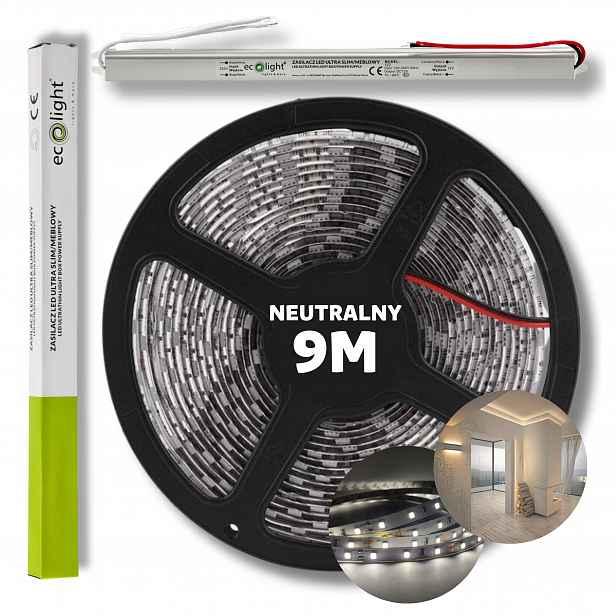Set 9 m Led pásek Smd bílý neutrální s napájecím zdrojem 12 V