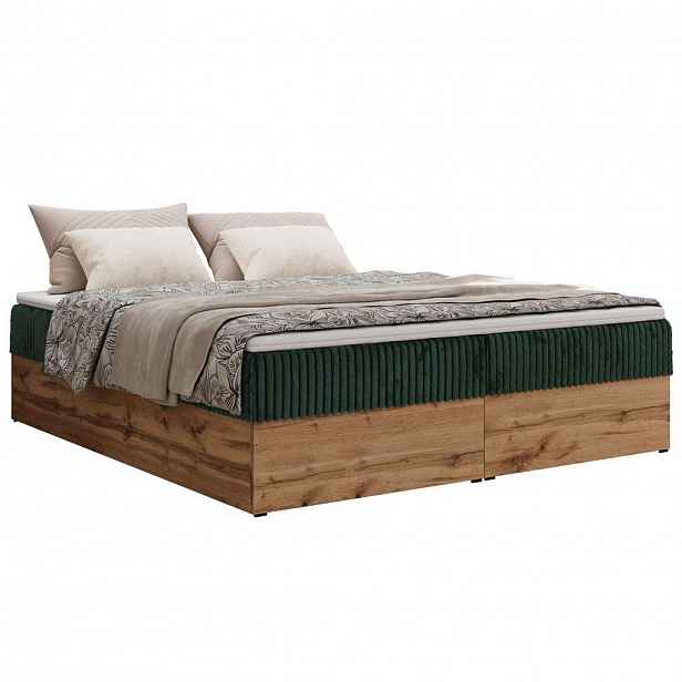 MKS KONTINENTÁLNÍ POSTEL WOOD ZERO 160/200 - Tmavě zelená Manšestr - H3