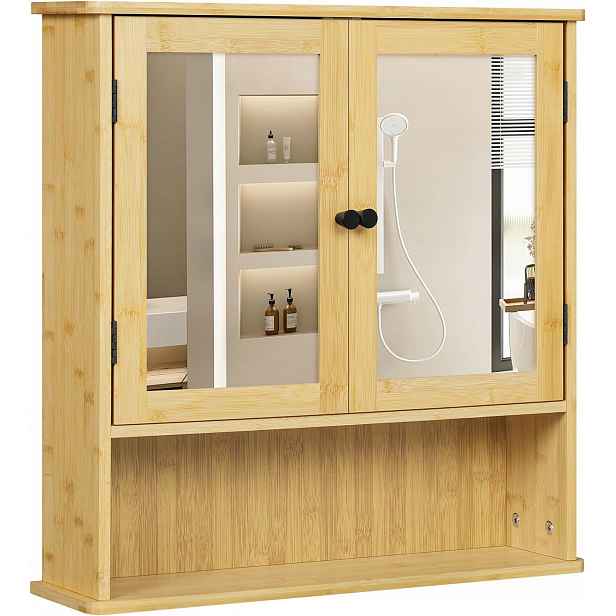 Koupelnová Skříňka 56×14x58 CM 2 Dvířka Se Zrcadlem Bambus Závěsná