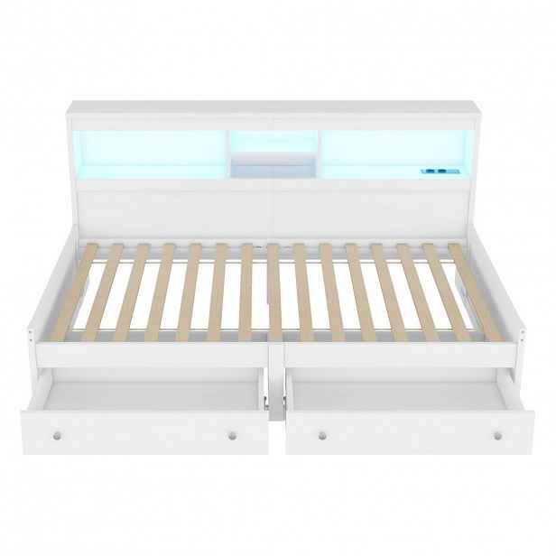 Modfu DENNÍ postel z dřevotřísky 90x200 cm bílá s LED osvětlením, 2 USB, 2 zásuvkami a 2 úložnými zásuvkami
