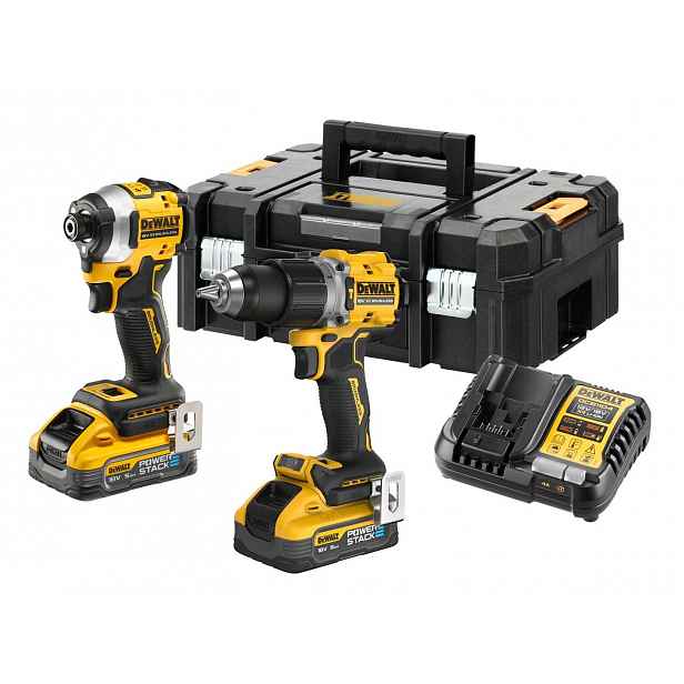 DeWALT - 18V AKU sada příklepové vrtačky a rázového utahováku, 2x aku 5,0 Ah POWERSTACK, nabíječka DCK2050H2T