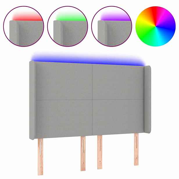 vidaXL Čelo postele s LED světle šedé 147x16x118/128 cm textil