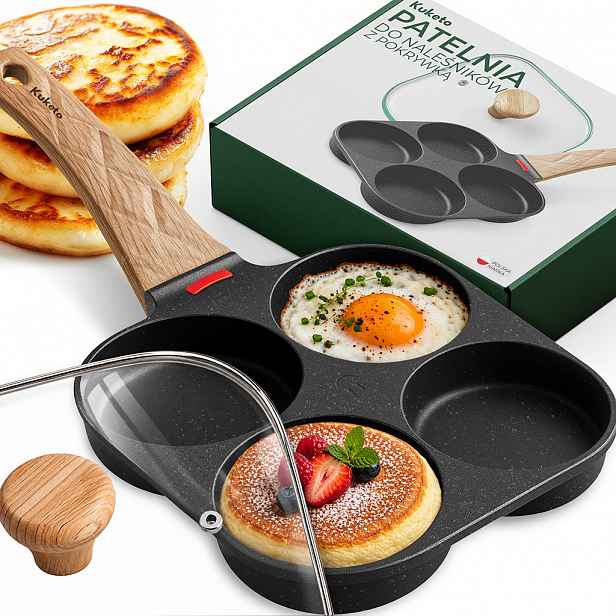 TEMU Kuketo - Nepřilnavá pánev s pokličkou na vejce, palačinky a lívanečky, 4 sekce, nepřilnavá, pro indukci, plyn, elektrický sporák, gril, smažení