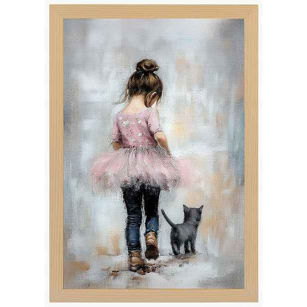 Plakát Rámeček Dřevo Dívka Růžová Princezna Kočka Procházka 40x60