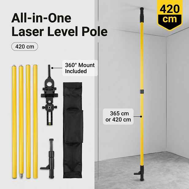 TEMU Teleskopická tyč laserové vodováhy 420/365 cm, podpěrný stojan z hliníkové slitiny od podlahy ke stropu, 360° otočný držák laseru s 5/8" a 1/4"